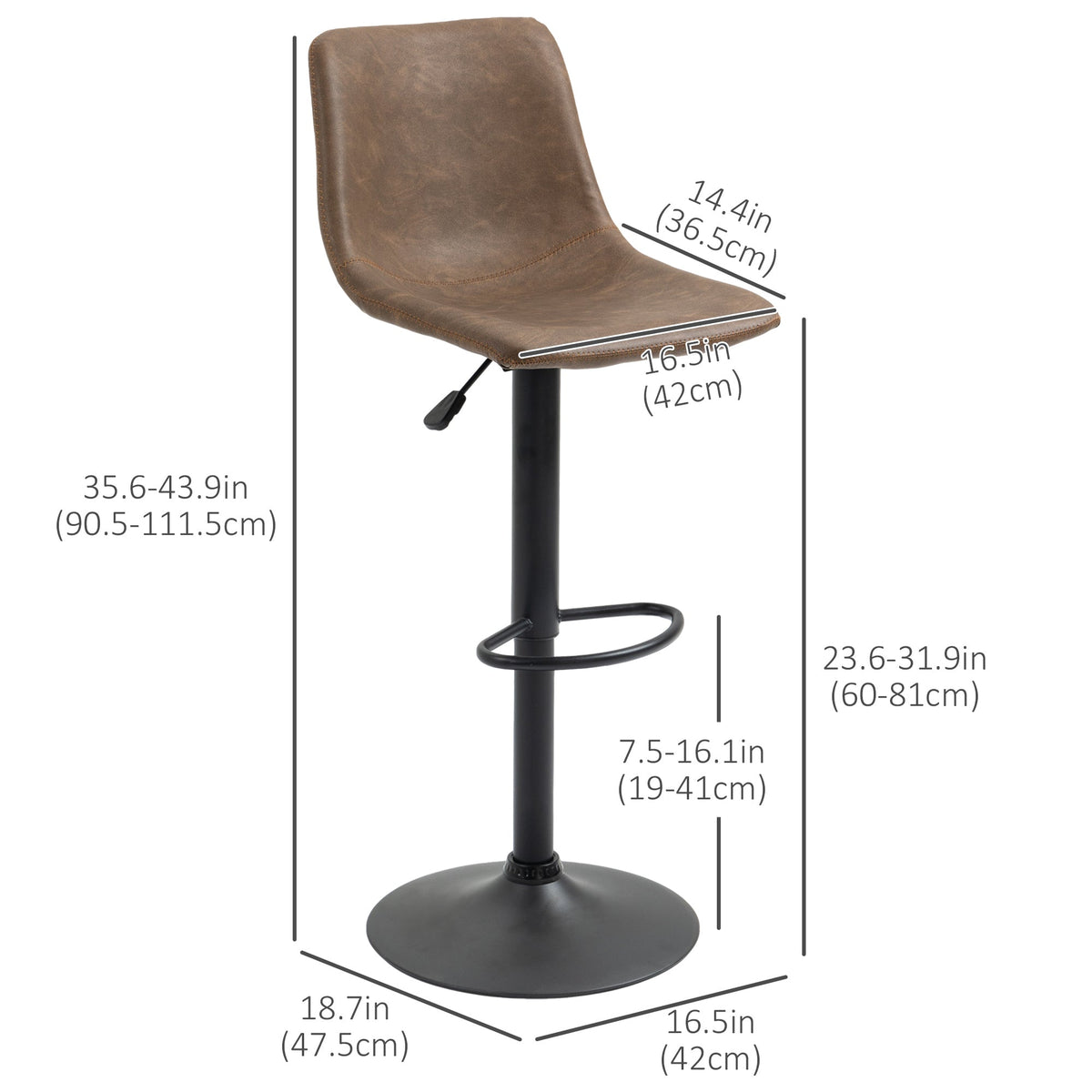 Adjustable Counter Height Bar Stools Set of 2, 360° Swivel Kitchen Counter Stools Dining Chairs with Backs, Vintage Leather, Brown