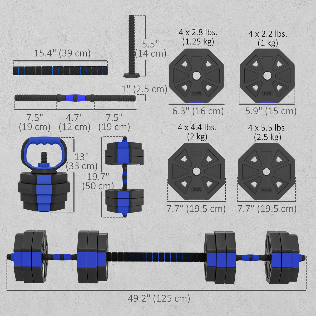 6-in-1 Adjustable Dumbbell Set, Used as Kettlebell, Barbell, Dumbbell, Push-Up Stand, 44lbs Free Weights Set, Blue