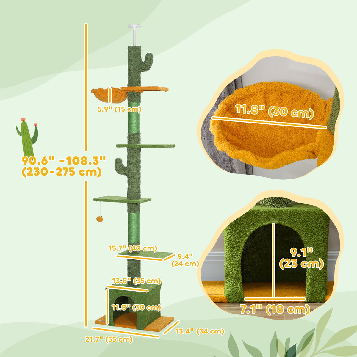 Floor to Ceiling Cat TreeTower with 90.5"-108" Adjustable Height, Scratching Posts, Hammock, Condo, Toy Ball, Dark Grey