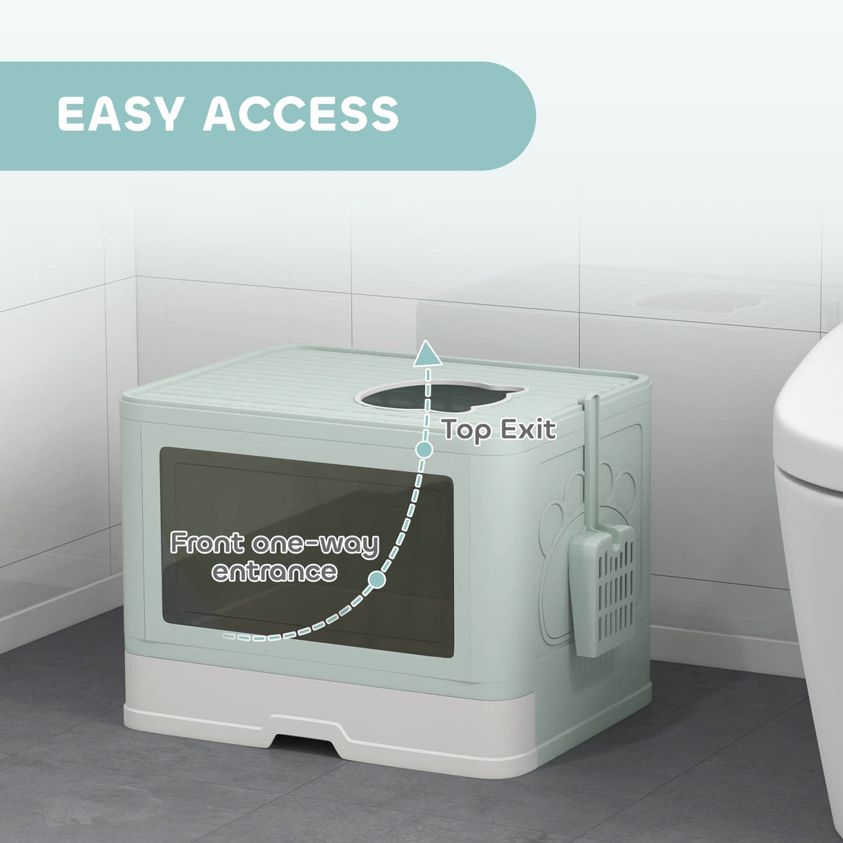 Cat Litter Box, Front Enter & Top Exit Cat Litter Tray with Scoop, Pull-out Tray, Easy to Clean, Green