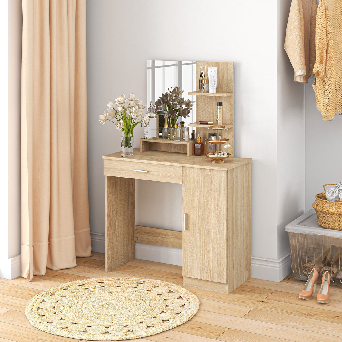 Vanity Desk with Mirror, Makeup Vanity w/ Drawer, Open Compartment and Shelves, Cabinet, Adjustable Shelves for Bedroom