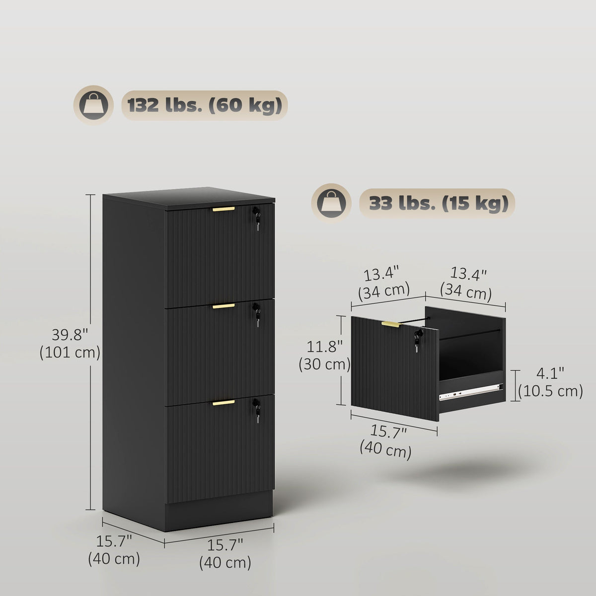 Lockable Filing Cabinet with 2 Fluted Drawers, File Cabinet with Adjustable Hanging Rails for A4 Letter Files, Black