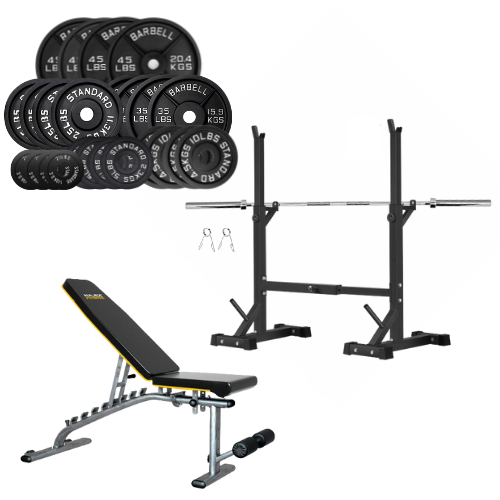 Squat Rack, Bench, Barbell & Weight Plates Stack