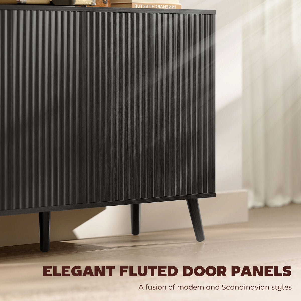 Buffet Cabinet with Storage Modern Fluted Sideboard with Adjustable Shelves Wood Legs for Dining Room Living Room Oak