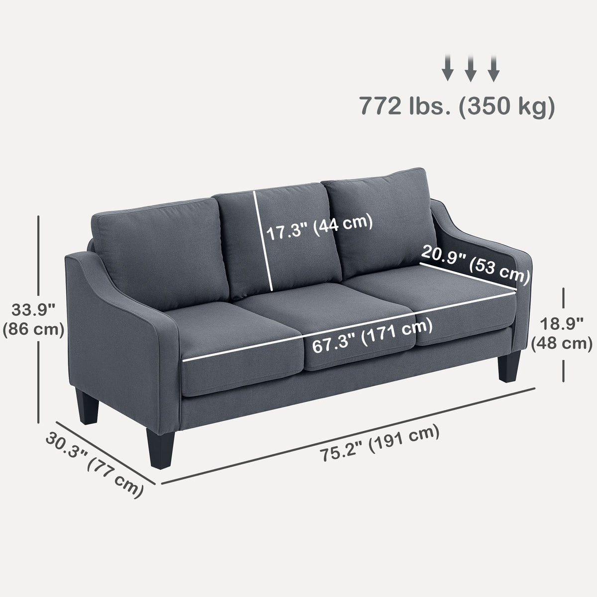 3 Seater Sofa, Modern Couch with Pocket Spring, Linen Upholstered, Thick Padded, Beige