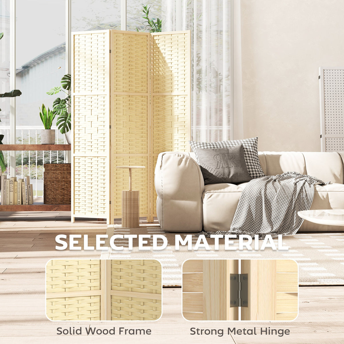 4-Panel Room Divider, 5.6 FT Bamboo Freestanding Folding Privacy Screen for Indoor Bedroom Office, Natural Wood