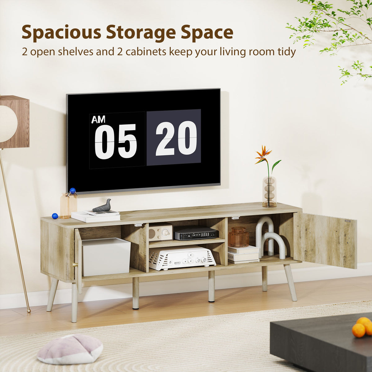 Birch TV Stand for Televisions up to 65" with Adjustable Shelves and Pine Wood Legs-Oak