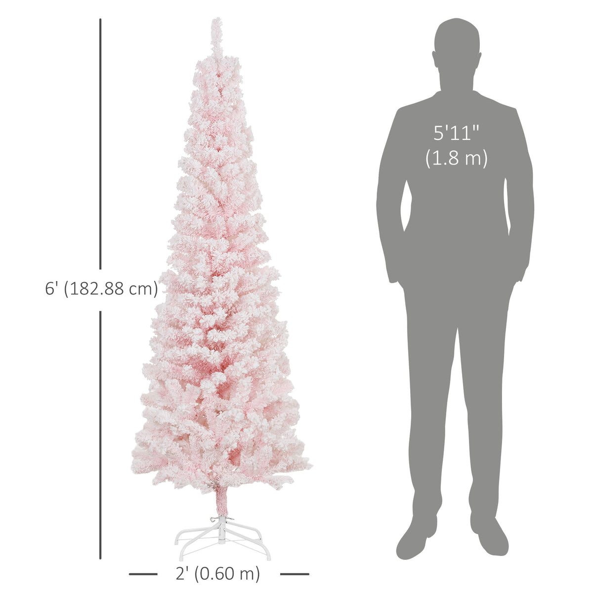 6ft Flocked Christmas Tree, Pencil Christmas Tree with Realistic Branch Tips, Folding Metal Stand, Green