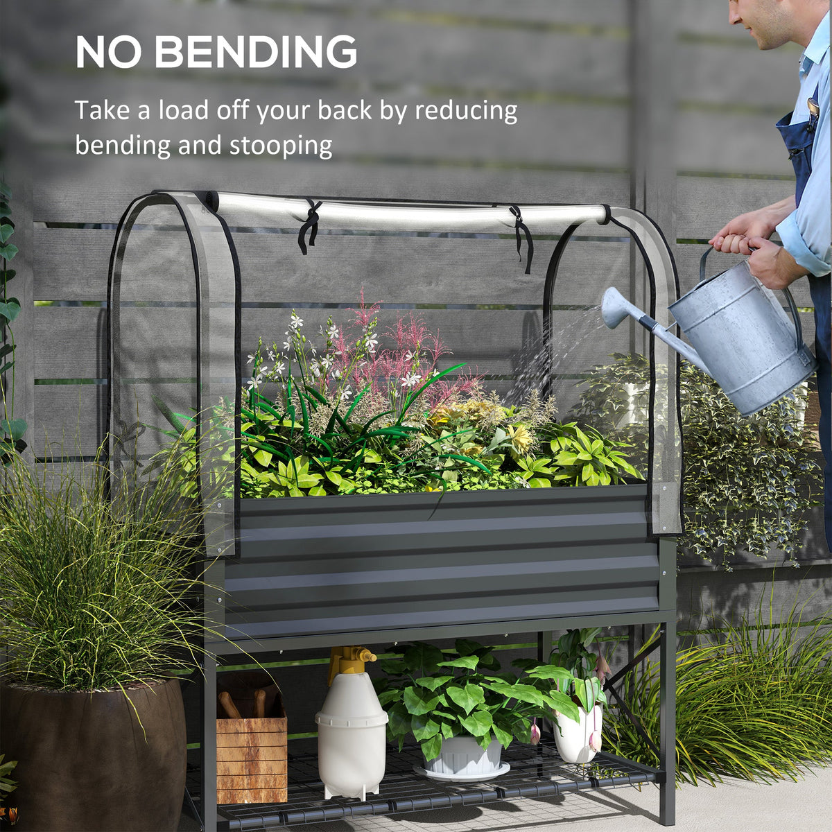 Raised Garden Bed with Cover, Metal Elevated Planter Box with Bottom Shelf and Liner, Black