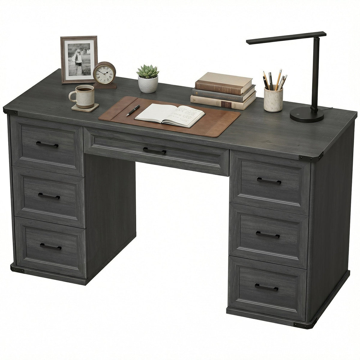 55" Computer Desk with 7 Drawers, Farmhouse Executive Desk for Home Office, Study, Bedroom, Black Wood Grain
