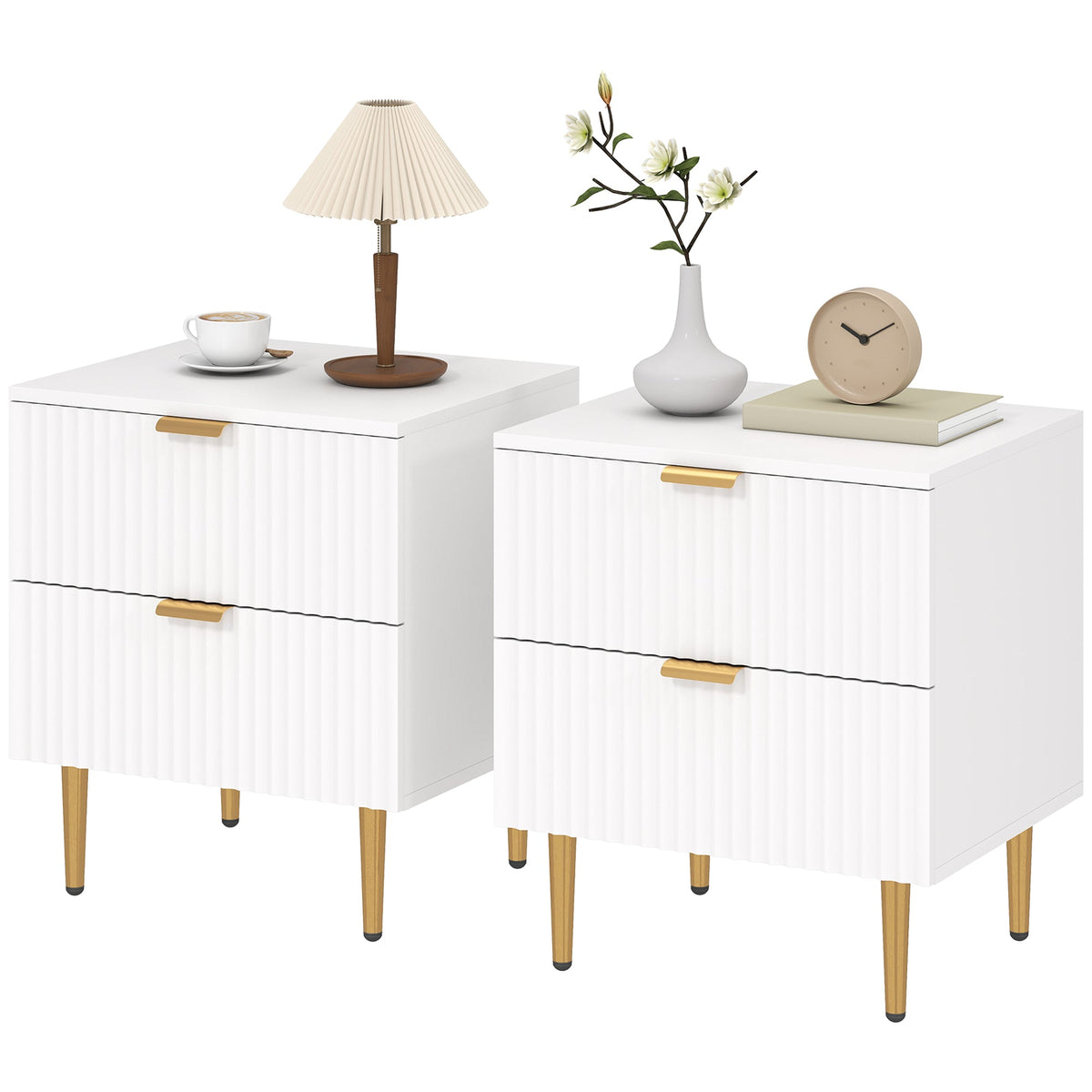 Bedside Table, Modern Nightstand with 2 Drawers, Side End Table with Metal Legs for Living Room, Bedroom, White
