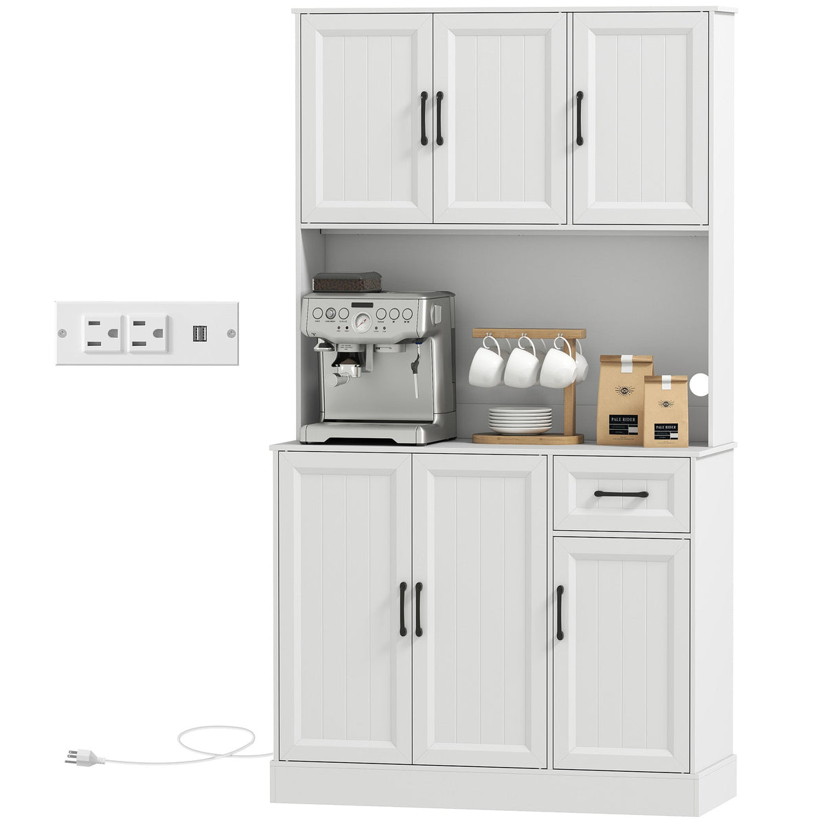 71" Pantry Cabinet with Charging Station, Kitchen Storage Cabinet with Microwave Stand, Adjustable Shelves, Black