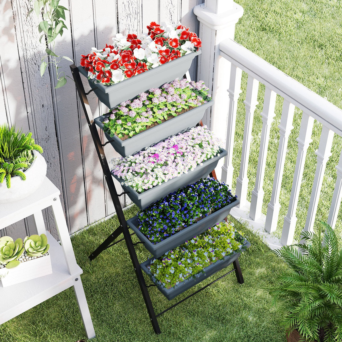 5-Tier Raised Garden Bed with 5 Planter Box, Outdoor Plant Stand Grow Containers with Leaking Holes, Black