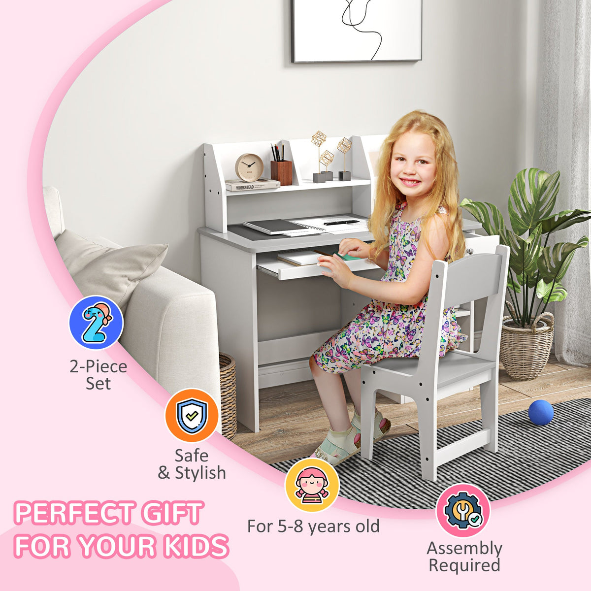 Kids Desk and Chair Set for 5-8 Year Old with Storage, Study Table and Chair for Children, Grey