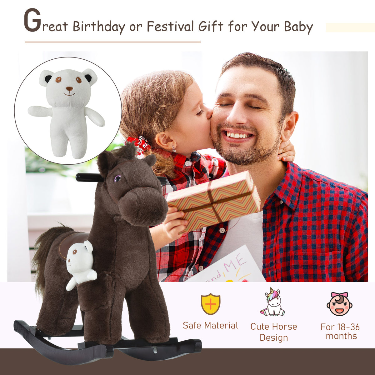 Kids Rocking Horse Plush Animal on Wooden Rockers with Sounds, Wooden Base and Bear Toy, Baby Rocking Chair, Brown