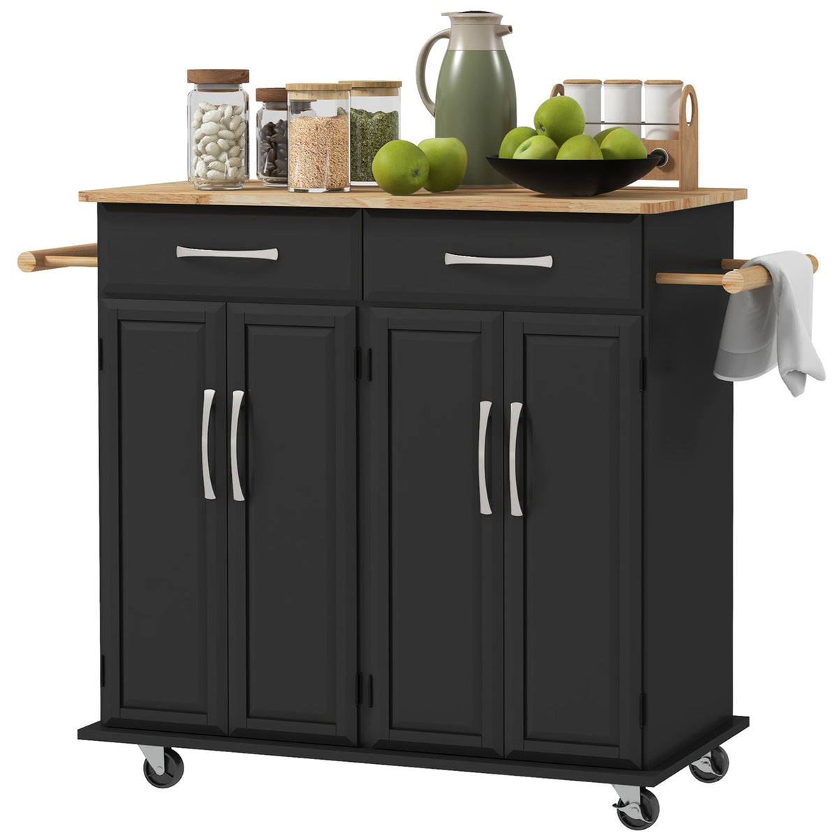 Kitchen Island on Wheels with Rubberwood Top, Rolling Kitchen Cart with 2 Drawers, 4 Doors and Adjustable Shelves