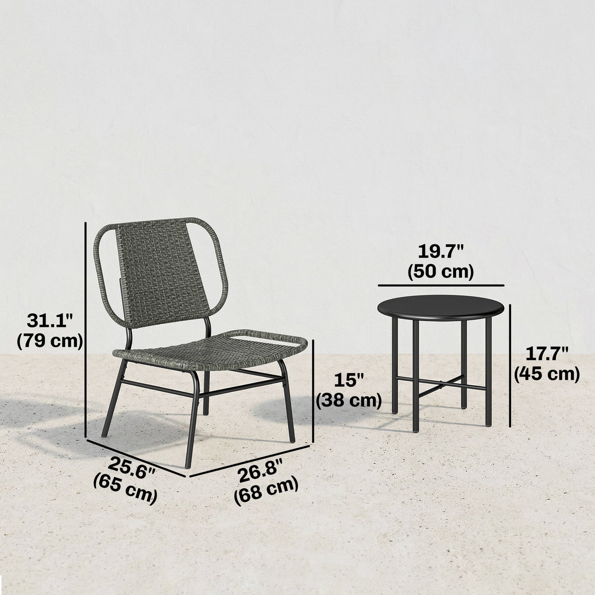 3 Piece Wicker Patio Furniture Set, Outdoor Bistro Set with Steel Table, Rattan Outdoor Conversation Furniture, Grey