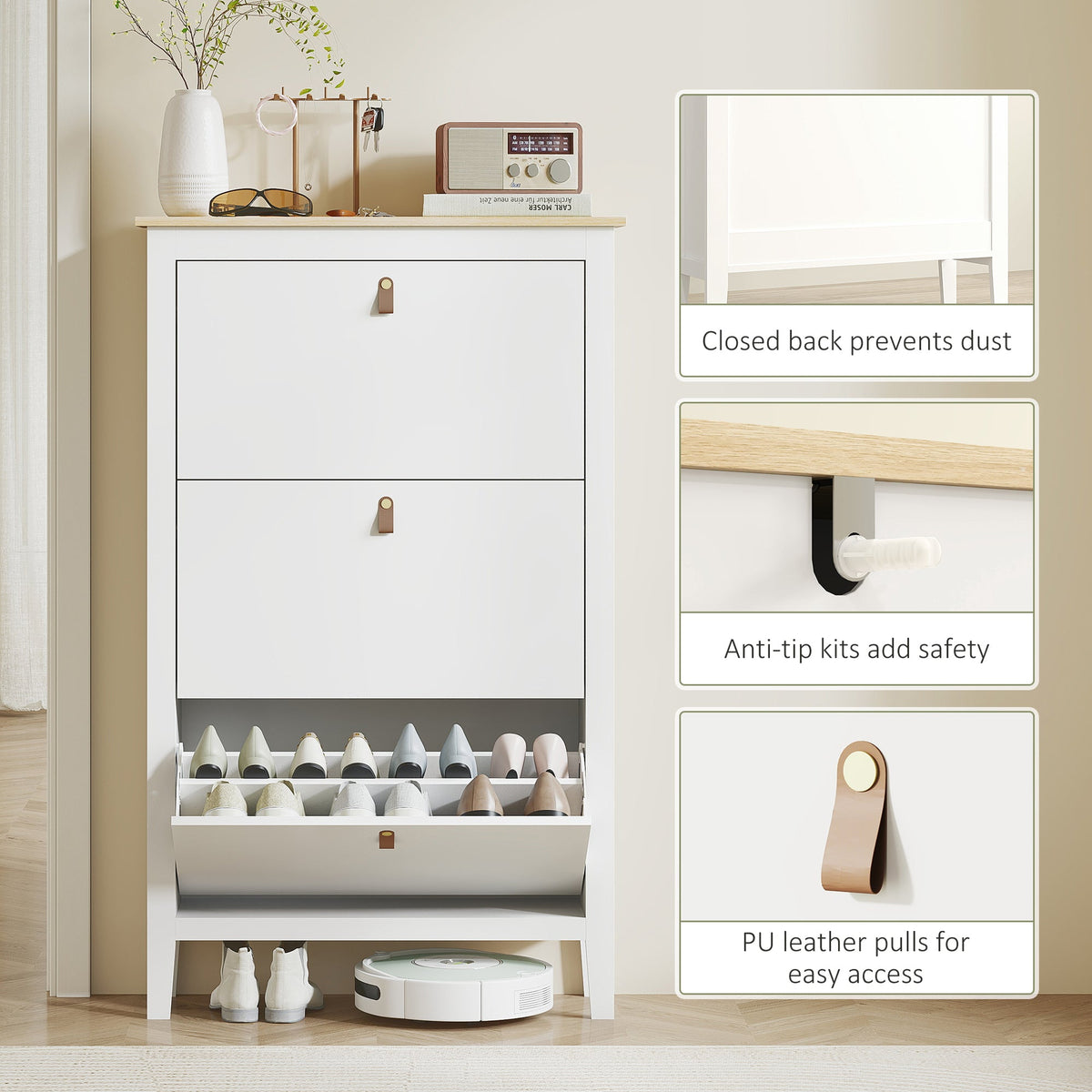 Narrow Shoe Cabinet with 2 Flip Drawers, Adjustable Shelves for Entryway, Holds 10-14 Pairs, White