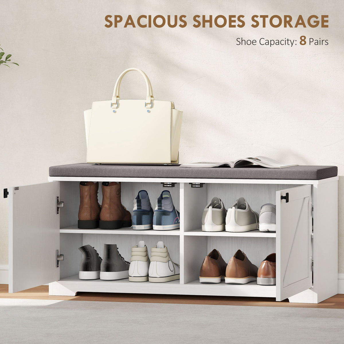 Shoe Storage Bench with Padded Seat, Entryway Bench Holds up to 352 lb, Shoe Organizer, 8 Pairs, Light Grey