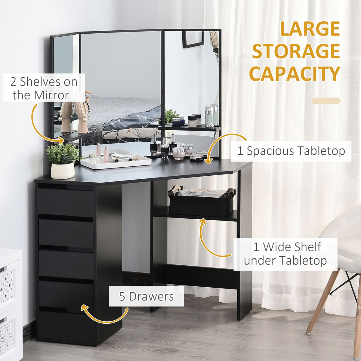 Corner Vanity Desk with Mirror, Makeup Vanity Table with 5 Drawers and Open Shelves, Dressing Table with 3-piece Mirror for Bedroom, Black