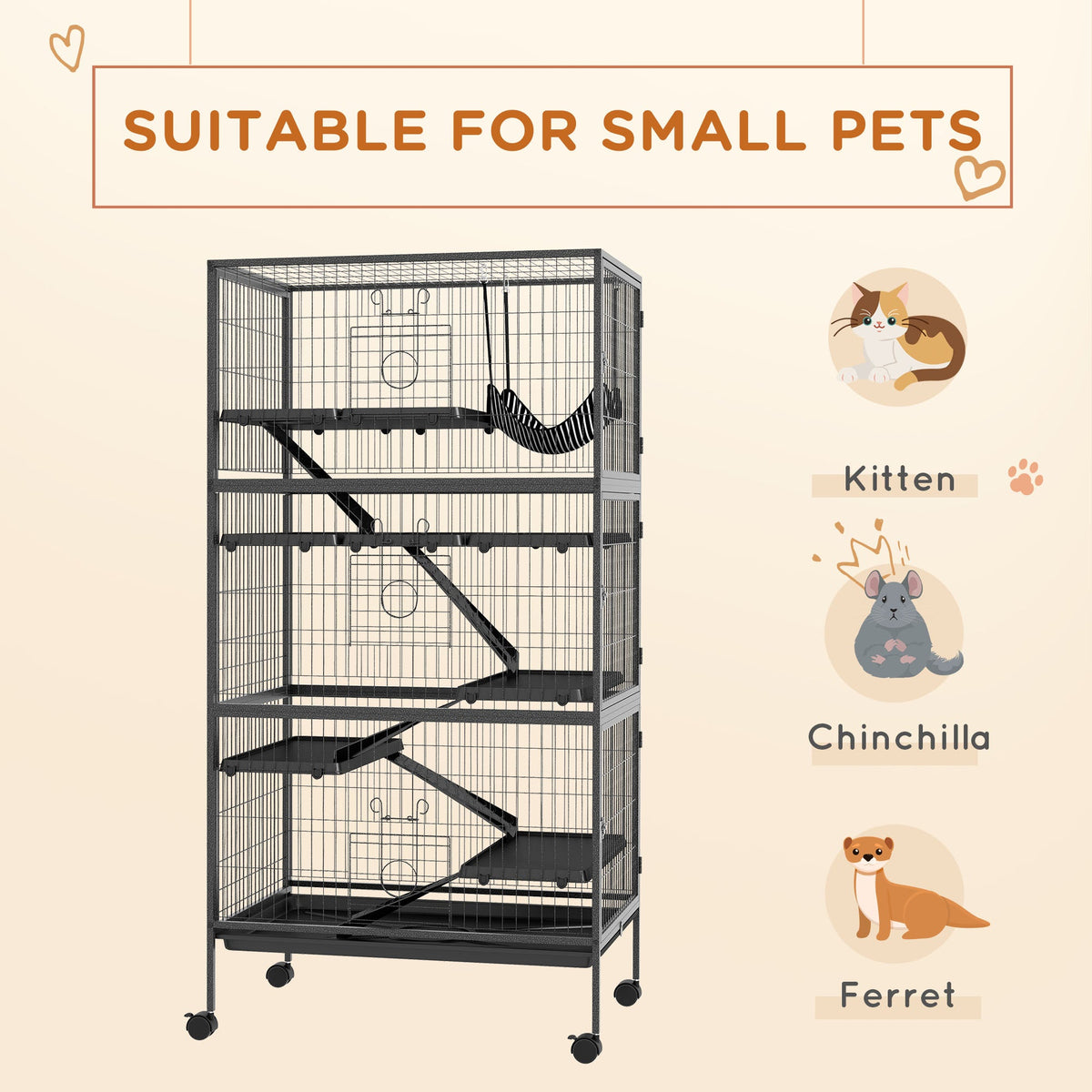 5-Tier Rolling Small Animal Cage, Deluxe Guinea Pig Cage, Ferret Cage for Mink Chinchilla Kitten Rabbit, Grey