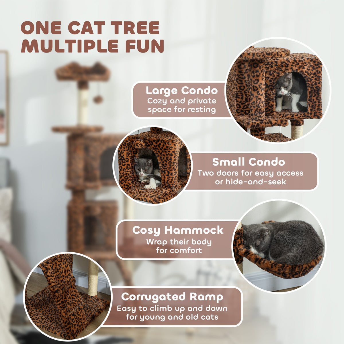 63 Inch Cat Tree with Sisal Scratching Posts, Condos, Plush Perches, Hammock, Ladder, Dangling Balls, Beige