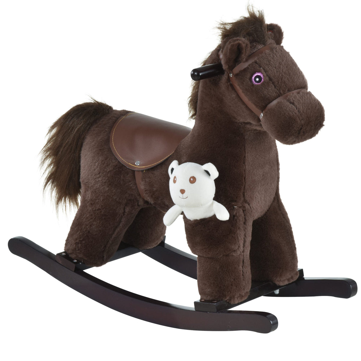 Kids Rocking Horse Plush Animal on Wooden Rockers with Sounds, Wooden Base and Bear Toy, Baby Rocking Chair, Brown