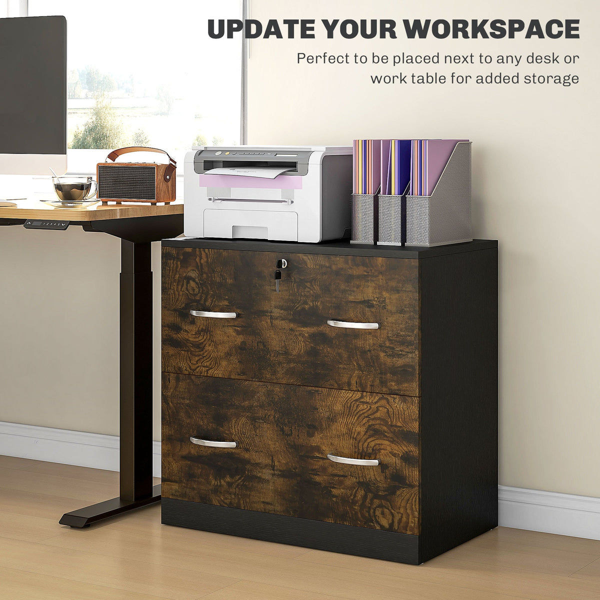 2 Drawer File Cabinet with Lock, Office Filing Cabinet, Hanging Bar for Letter Size, Home Office, Grey