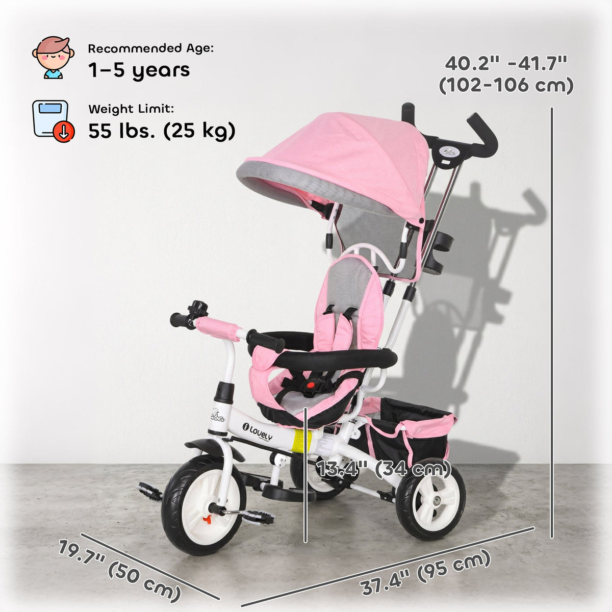 6 in 1 Toddler Tricycle Stroller with Basket, Canopy, 5-point Safety Harness, for 12-60 Months, Grey