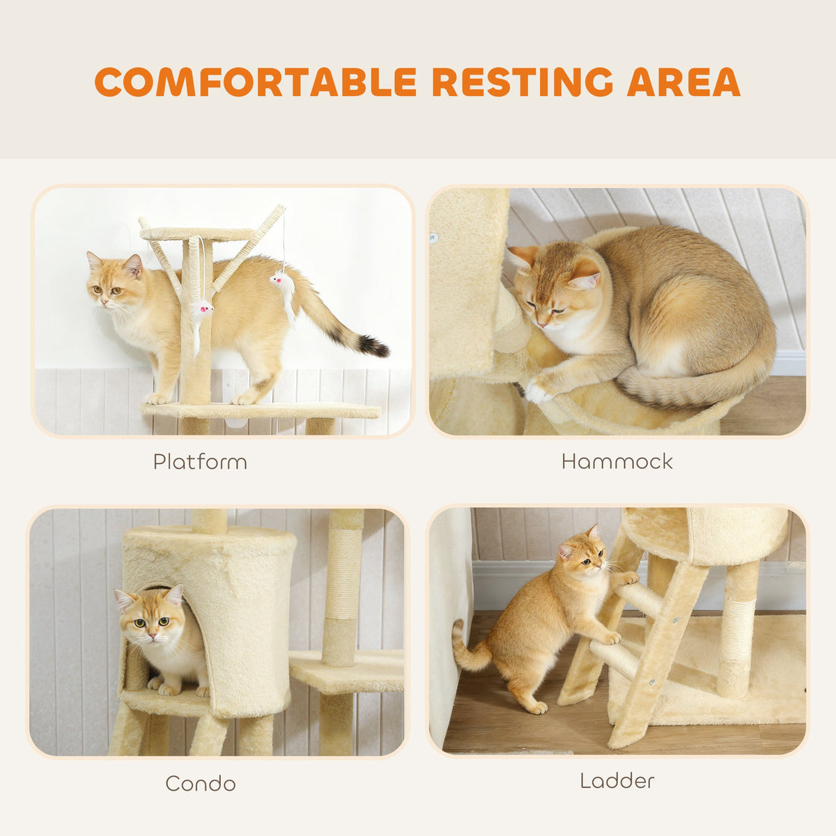 53" Cat Tree Tower, Kitten Activity Centre with Scratching Posts, Condo, Perches, Ladder, Hammock, Dangling Toys, Grey