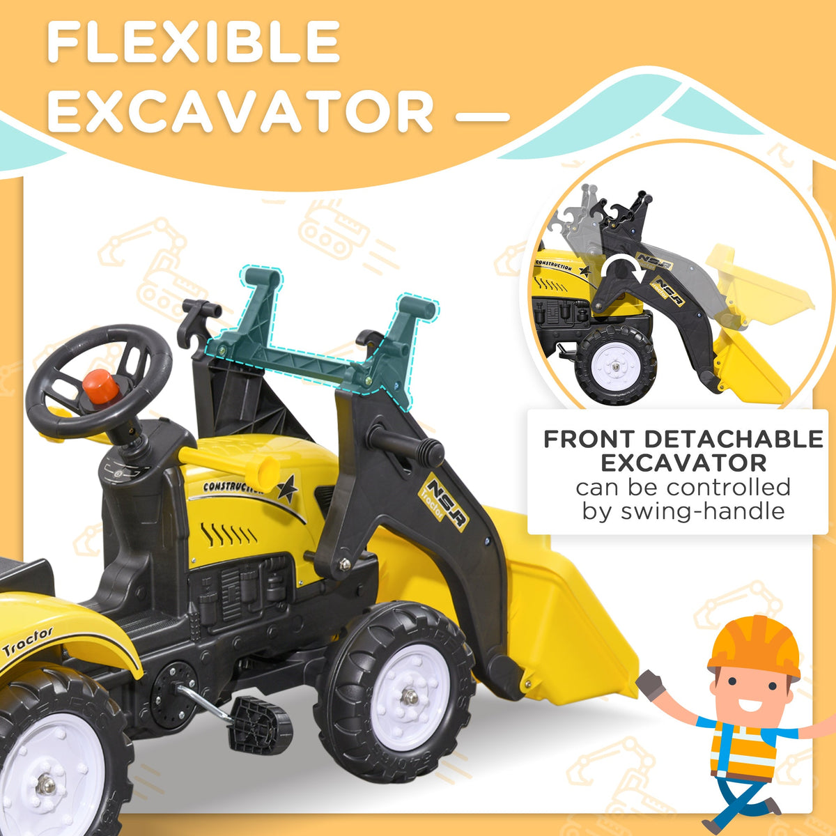 Front Loader Excavator Ride On Toy Pedal Control with 6 Wheels Controllable Bucket for 3 Years Old, Yellow