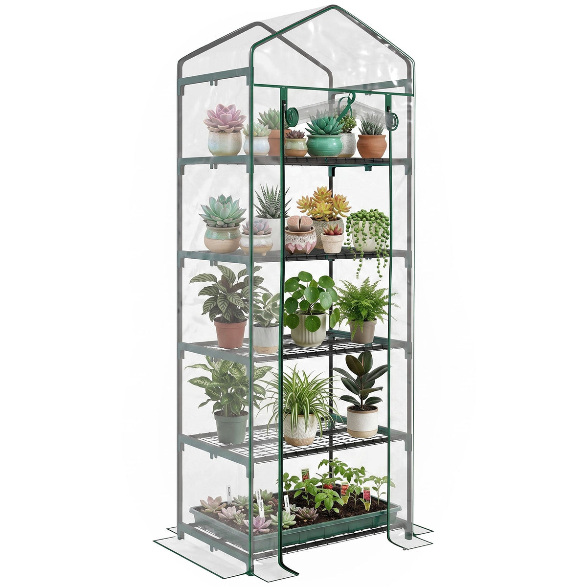5 Tier Mini Greenhouse, Portable Outdoor Flower Stand with Shelf Clips, Indoor Greenhouse with Steel Frame, Transparent, 27.25" x 19.25" x 76", Green