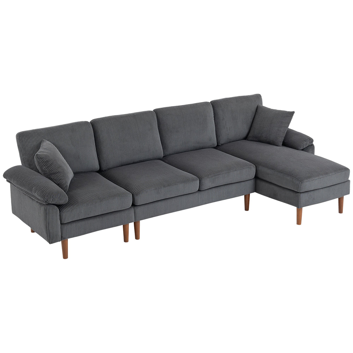 L-Shape Sofa, Modern Sectional Couch with Changeable Chaise Lounge, Pillows and Wooden Legs for Living Room, Dark Grey