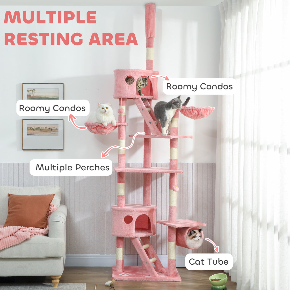 94"-102" Huge Cat Tree Ceiling High Cat Condo Scratching Post Activity Center Multi-Level Play House Light Grey