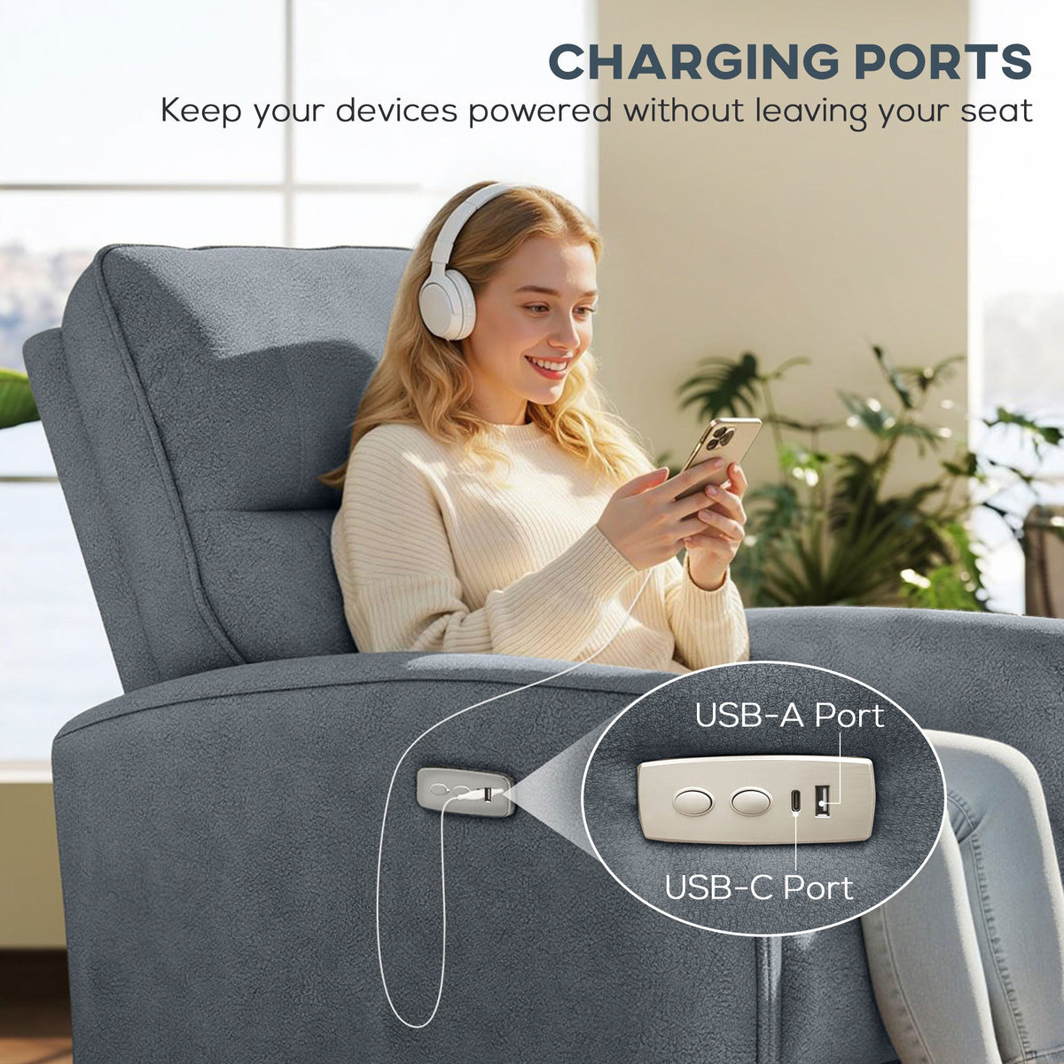 Power Recliner Chair, Dyed Fabric (Like Leathaire) Upholstered Recliner Chair with USB Ports, Footrest, Beige