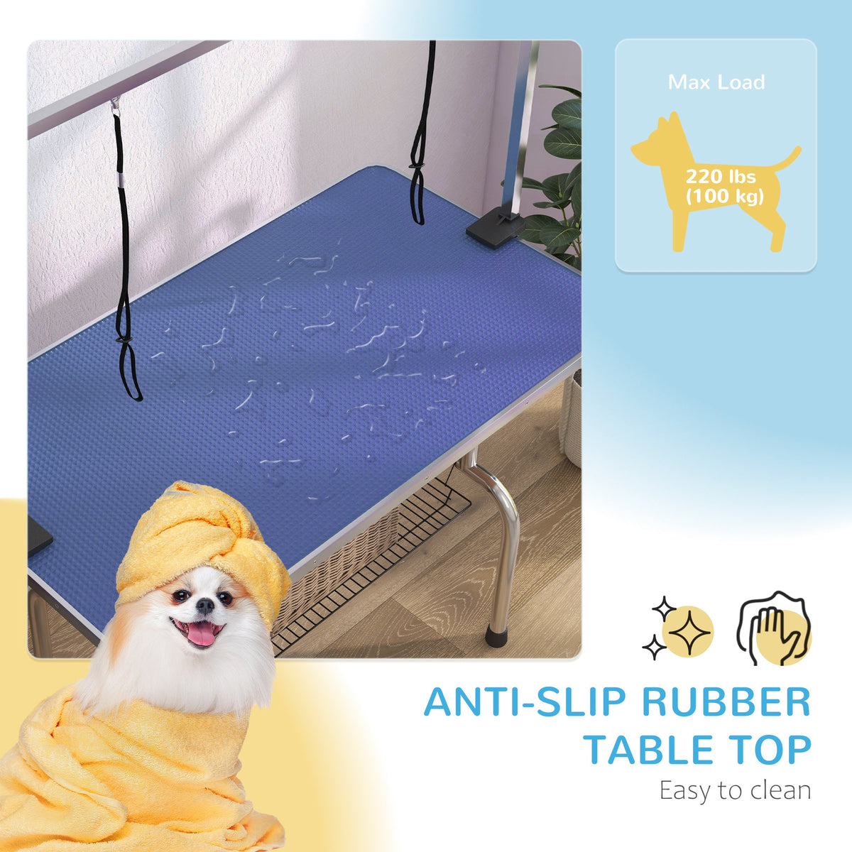 Adjustable Dog Grooming Table with 2 Safety Slings, Storage Basket, Black