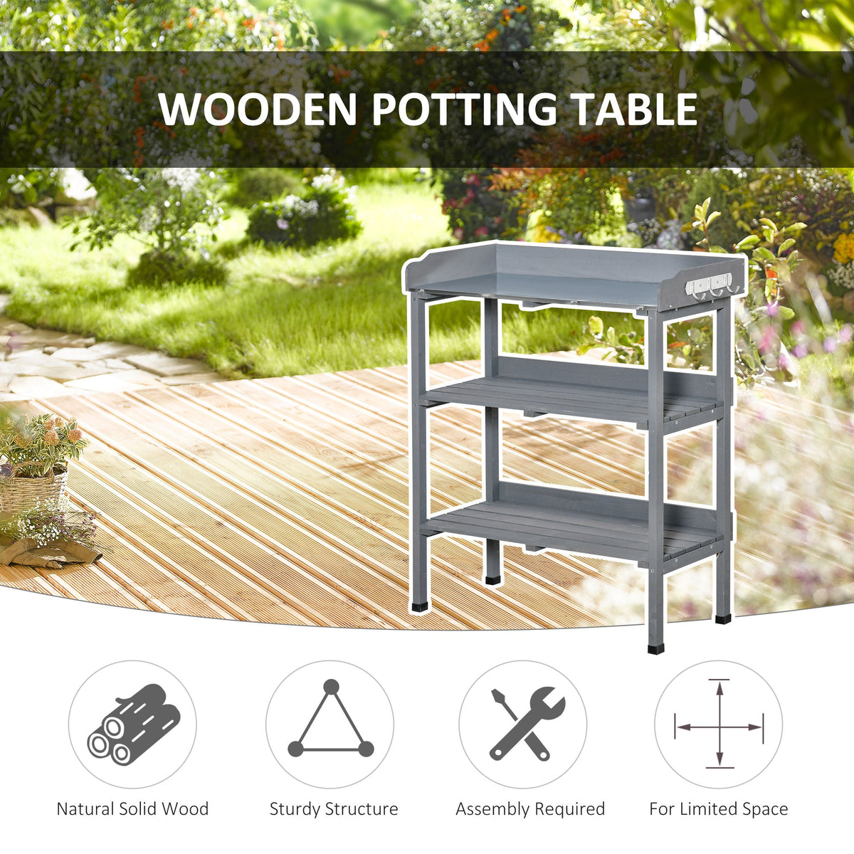 Outdoor Garden Wooden Potting Bench Work Station Table Tool Storage Shelf w/ Hooks, Natural