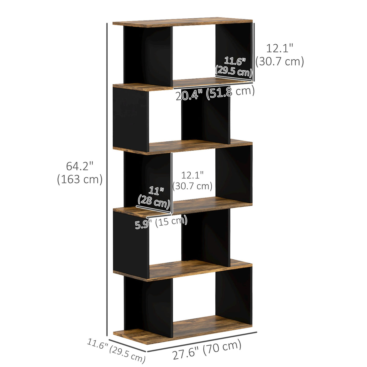 5-Tier Bookshelf, Geometric S Shaped Bookcase, Tall Narrow Display Shelf for for Living Room, Study Room, White