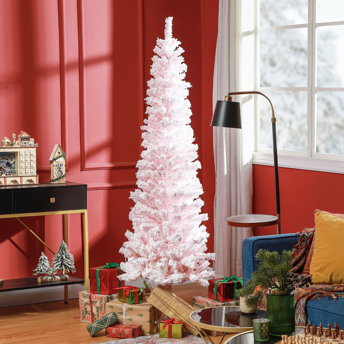 6ft Flocked Christmas Tree, Pencil Christmas Tree with Realistic Branch Tips, Folding Metal Stand, Green