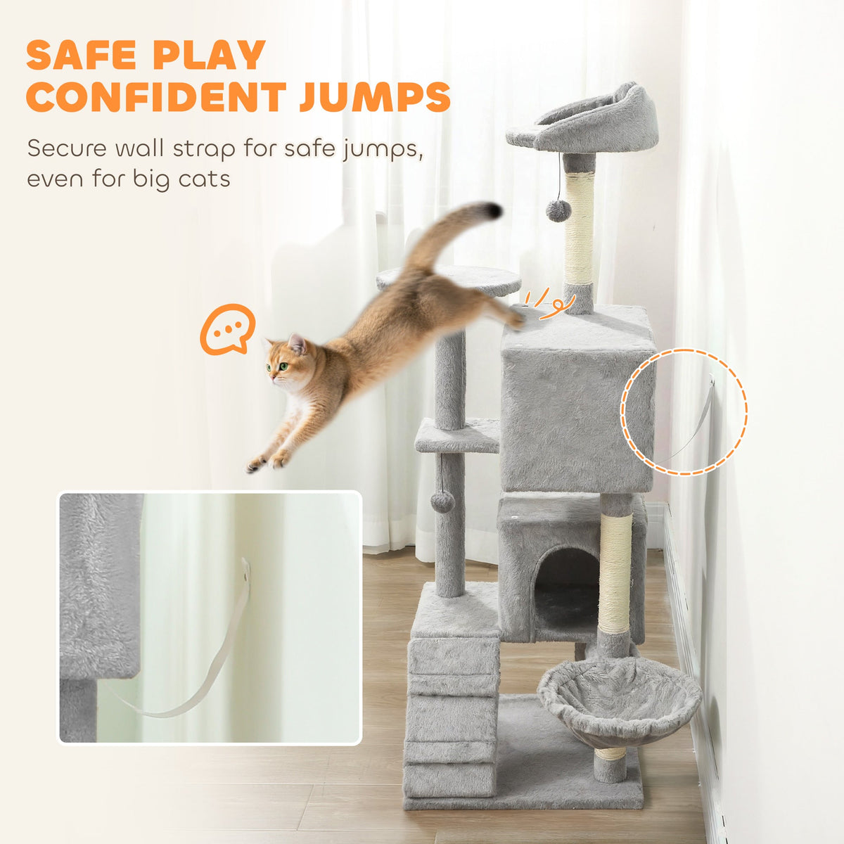 63 Inch Cat Tree with Sisal Scratching Posts, Condos, Plush Perches, Hammock, Ladder, Dangling Balls, Beige