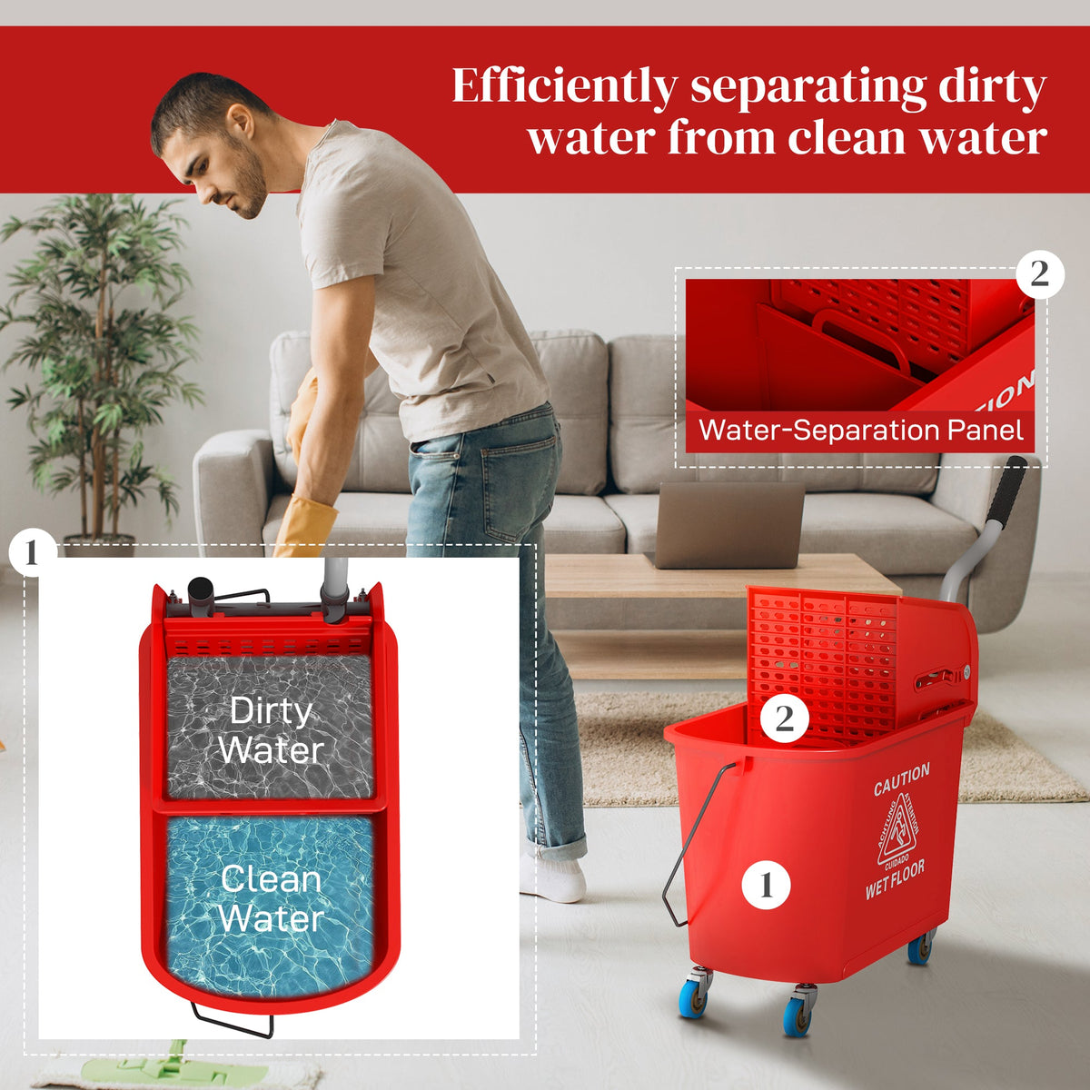 Compact Mop Bucket with Wringer, Mop Bucket on Wheels, 5 Gallon, Separate Dirty and Clean Water, Yellow