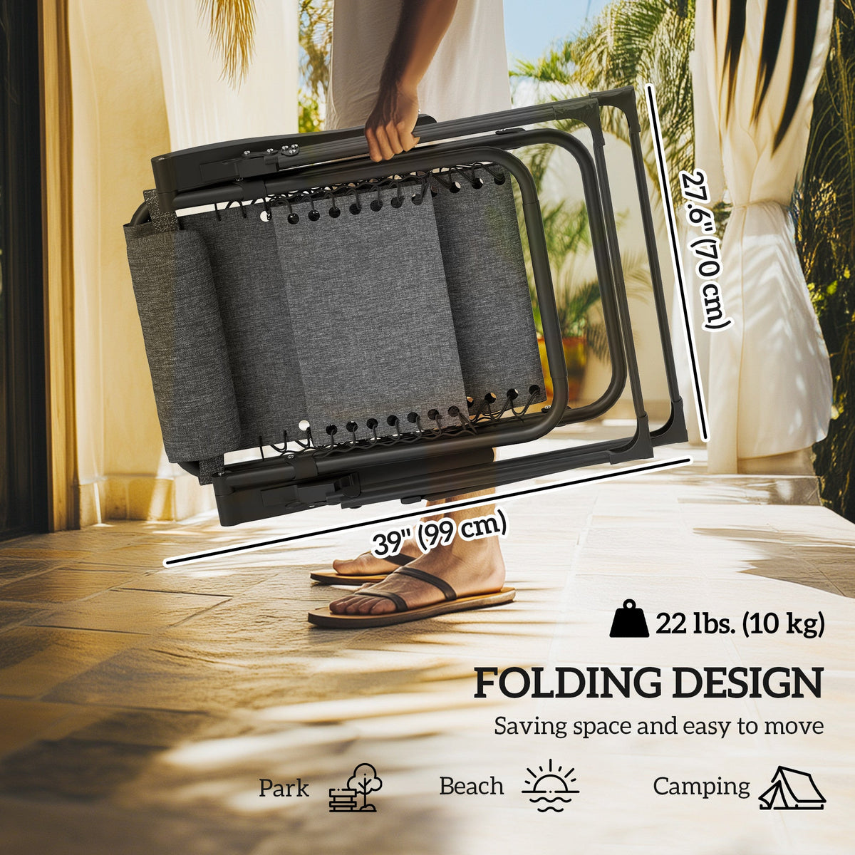 Padded Folding Recliner Chair, Patio Lounger with Cupholder, Adjustable Backrest, Removable Cushion, Black