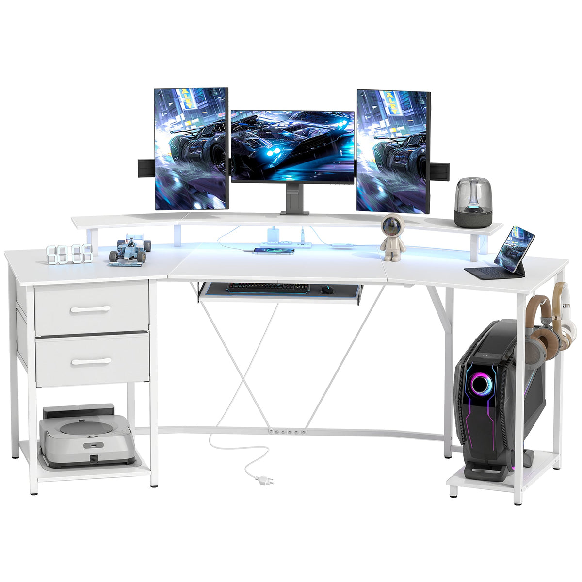 79 inch Gaming Desk with RGB Lights, Computer Table with Power Outlets & USB Ports, Keyboard Tray and 2 Drawers, Black