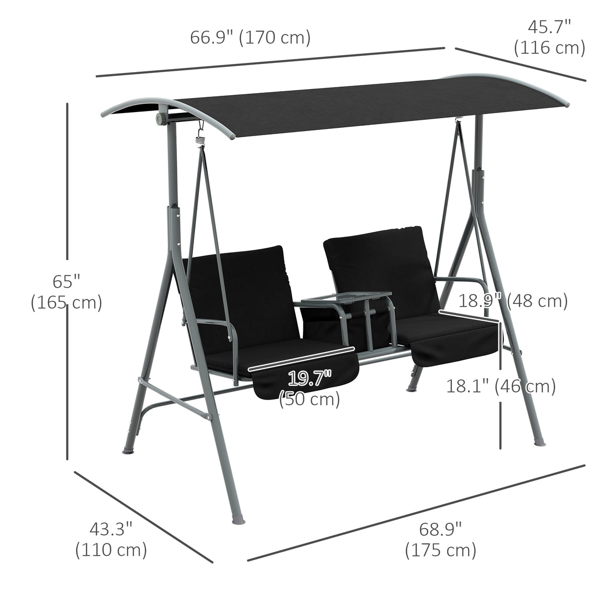 2-Seater Outdoor Porch Swing with Adjustable Canopy and Table, Patio Swing Chair for Garden, Poolside, Backyard, Black
