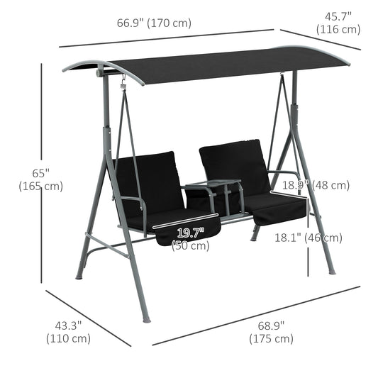 2-Seater Outdoor Porch Swing with Adjustable Canopy and Table, Patio Swing Chair for Garden, Poolside, Backyard, Black