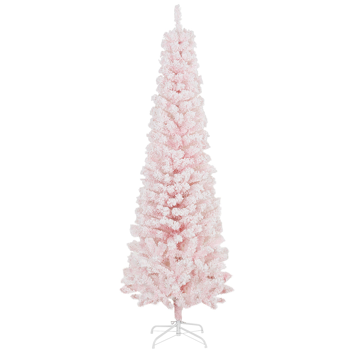 6ft Flocked Christmas Tree, Pencil Christmas Tree with Realistic Branch Tips, Folding Metal Stand, Green