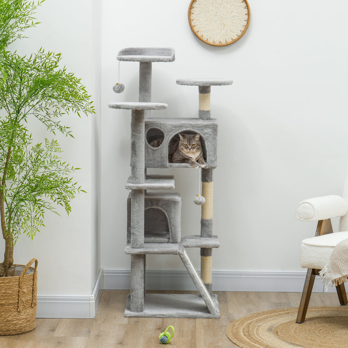54" Cat Tree, Multi-Level Cat Tower with Scratching Posts, Cat Condos, Bed, Platforms, Ramp, Toy Ball, Beige