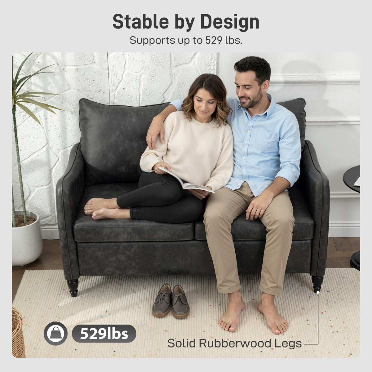 55" Loveseat Sofa, Small 2 Seater Couch with Solid Wood Legs, Modern PU Leather Upholstered Sofa for Small Spaces, Brown