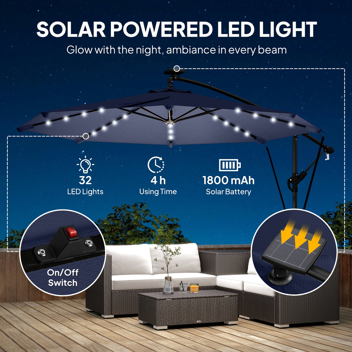 9.7ft Solar LED Cantilever Patio Umbrella with 32 LED Lights, Cross Base, Crank Handle, for Poolside, Deck, Dark Blue