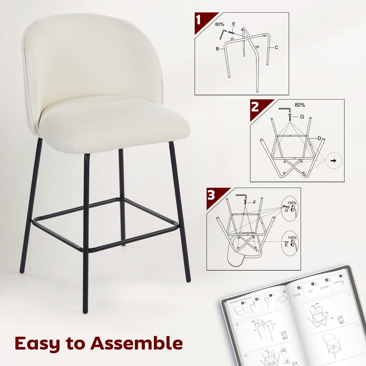 Set of 2 Counter Height Barstools, Upholstered Linen Bar Stools with Backrest, Footrest and Steel Legs, Dark Grey
